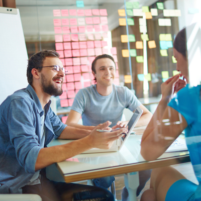 Meeting discussion through glass with reflection