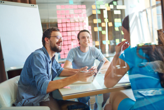 Meeting discussion through glass with reflection